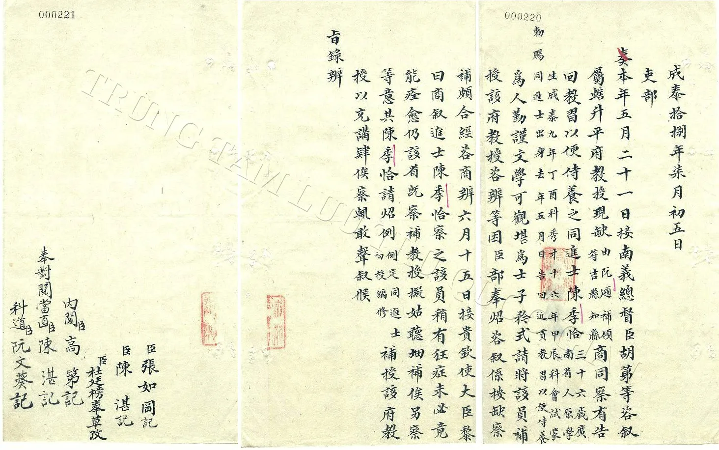 Châu bản triều Nguyễn năm 1906 về việc bổ nhiệm Trần Quý Cáp làm Giáo thụ Phủ Thăng Bình