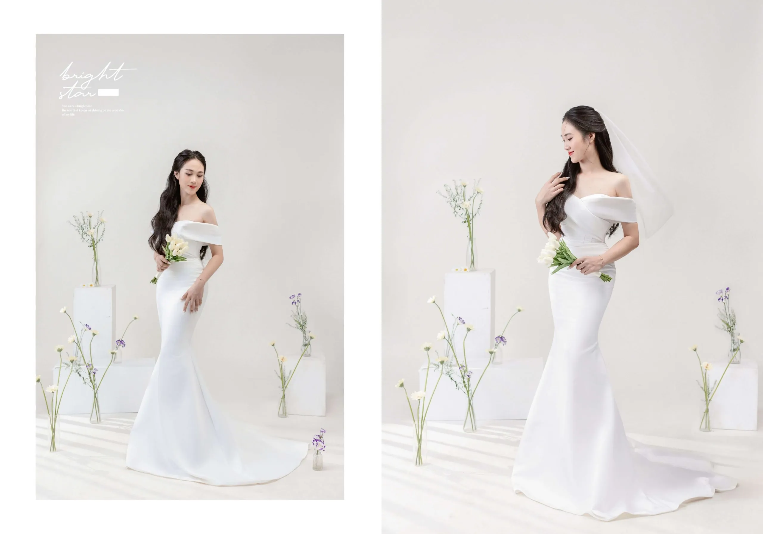 Phông ảnh cưới studio màu trắng kết hợp trang trí hoa nhẹ nhàng