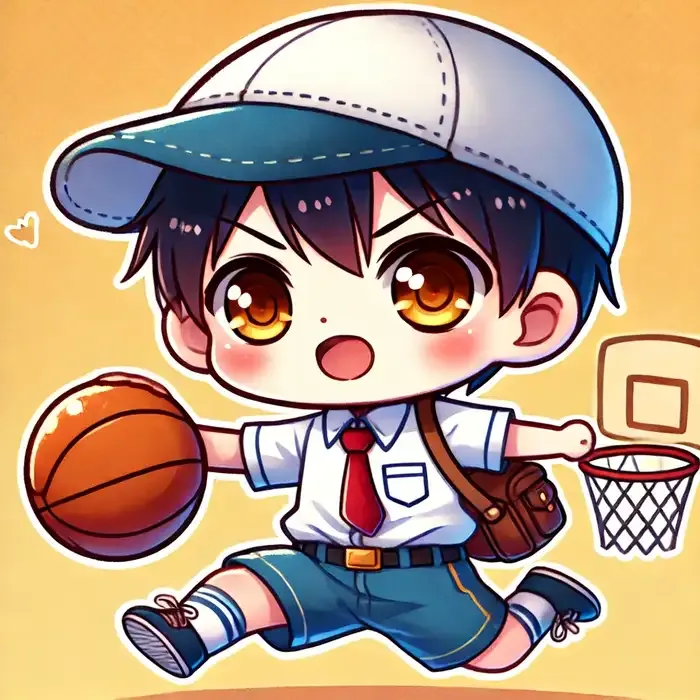 Hình chibi học sinh cấp 2 chơi bóng rổ đầy năng động