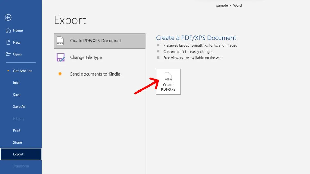 Giao diện Word khi chọn Export để xuất file PDF