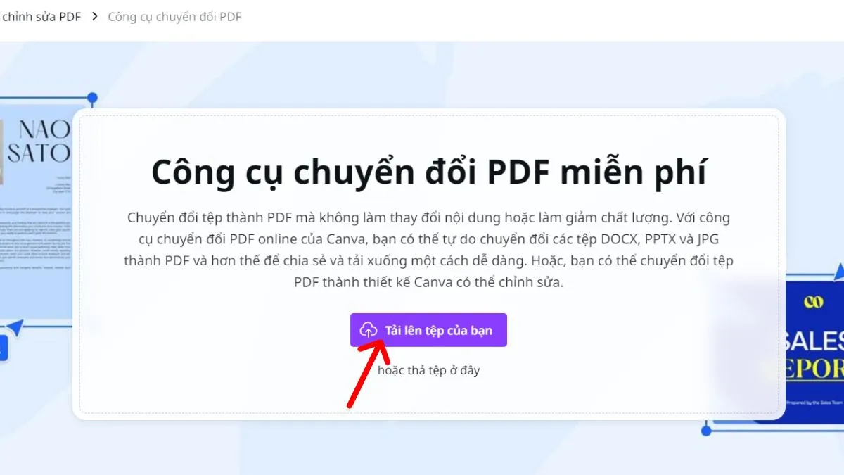 Trang chuyển đổi PDF của Canva, tải file lên để bắt đầu