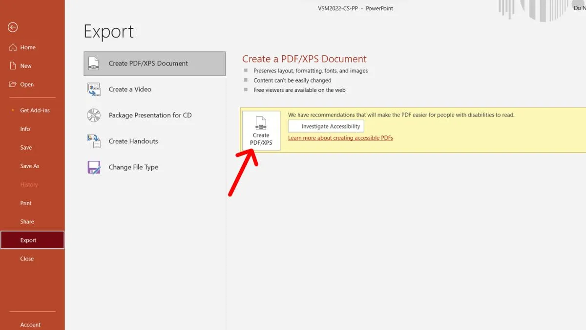 Màn hình PowerPoint chọn Export để chuyển sang PDF