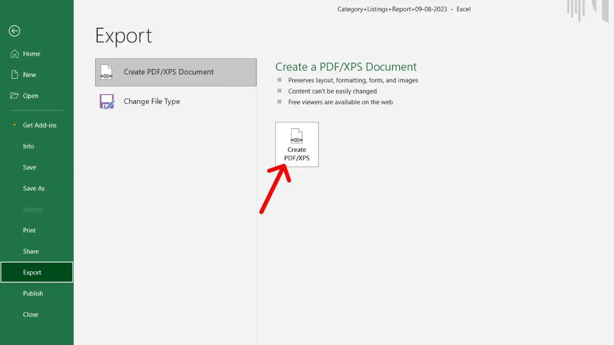 Trong Excel, truy cập File và chọn Export để tạo PDF