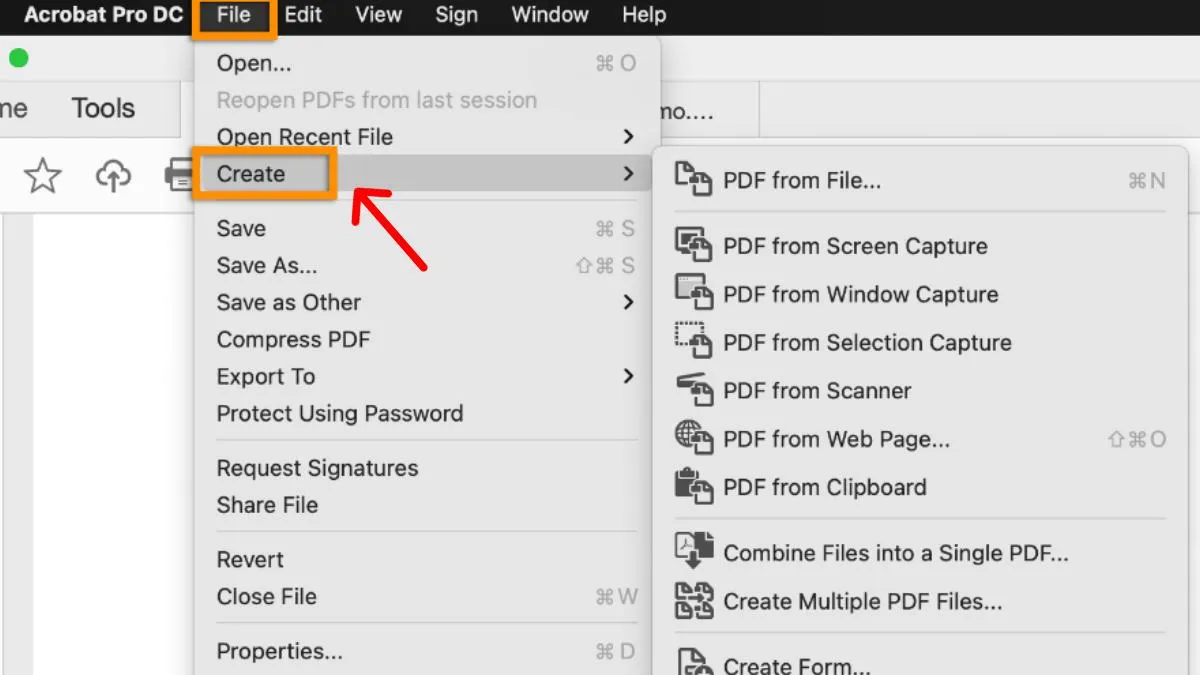 Giao diện Adobe Acrobat với nút 'Create PDF'