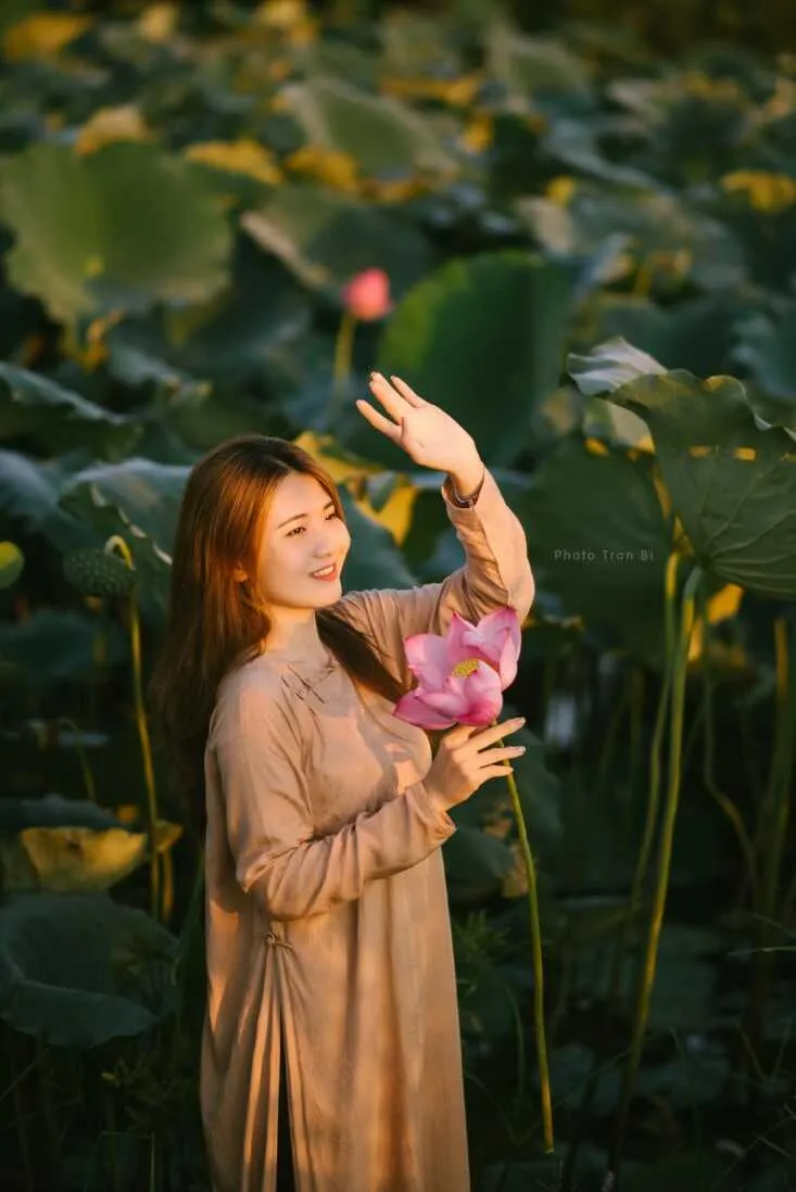 Cô gái cầm một bông sen dịu dàng