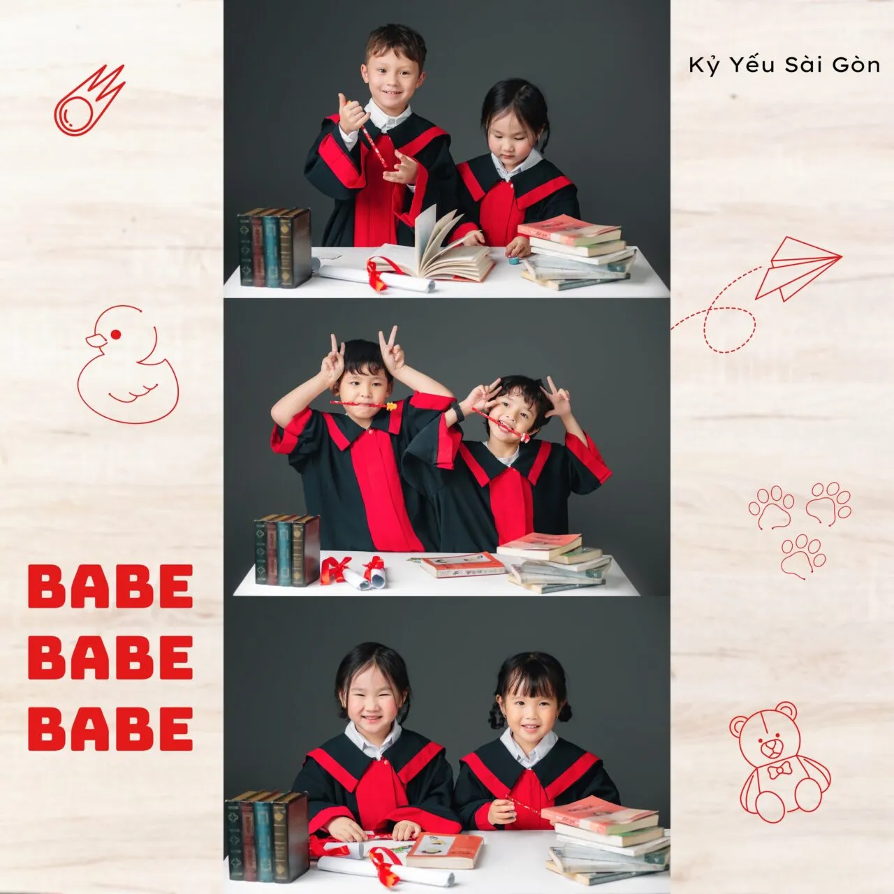 Tập thể lớp mầm non chụp ảnh kỷ yếu trên bậc thang trường học với áo cử nhân