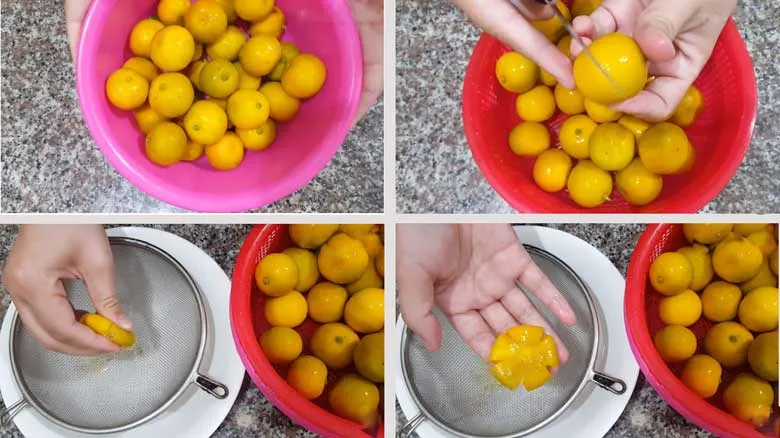 Sơ chế tắc, khía vỏ và loại bỏ hạt để làm mứt tắc dẻo thơm