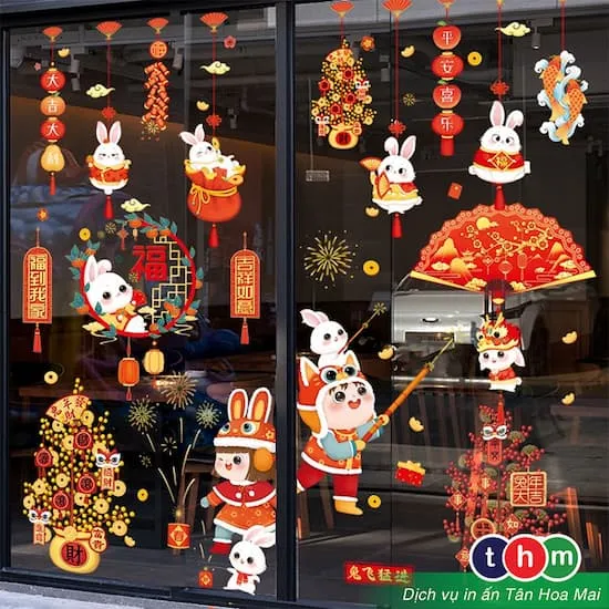 Decal trang trí Trung Thu trên kính cửa hàng