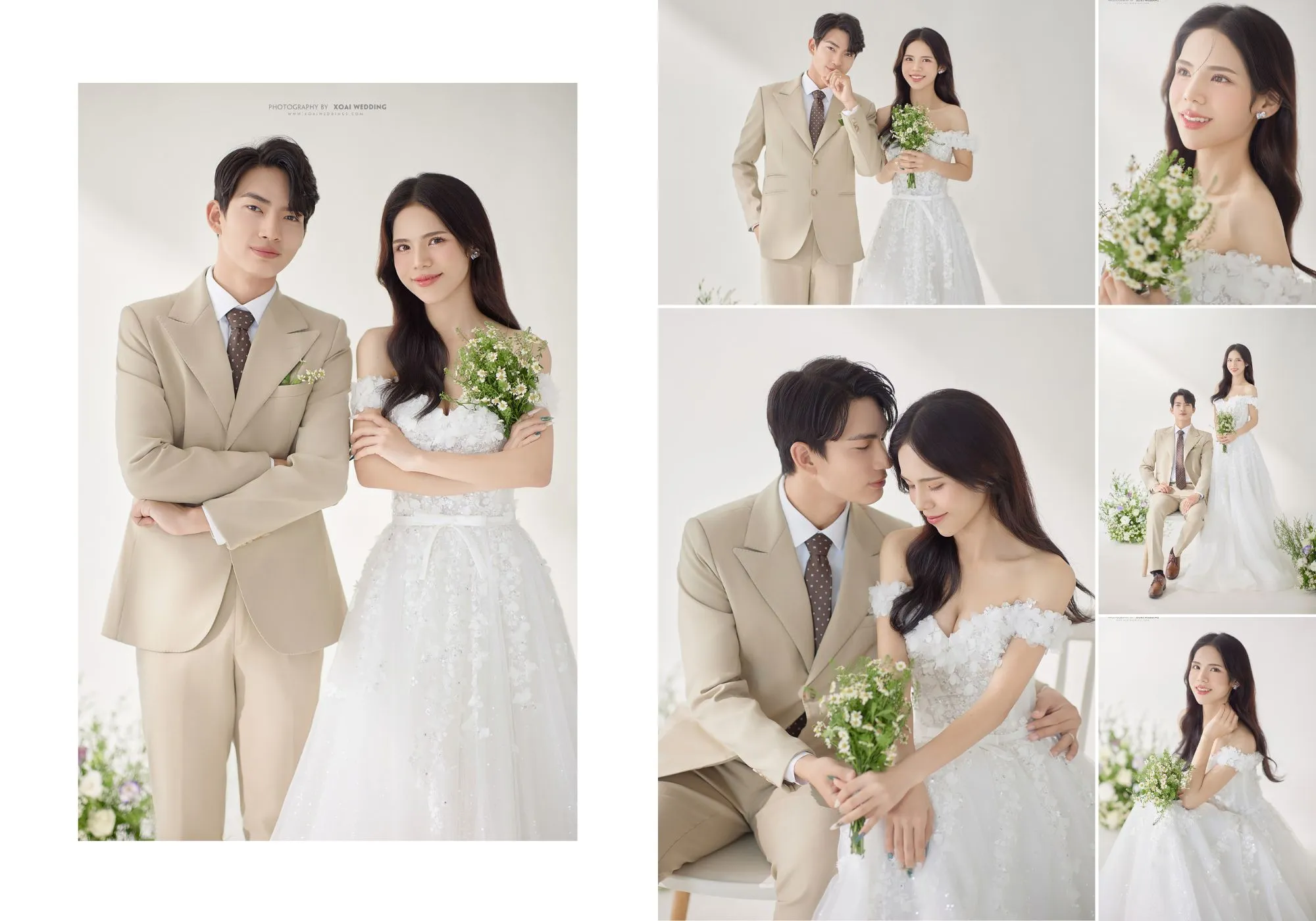 Phông nền trắng với hoa trang trí cho ảnh cưới studio