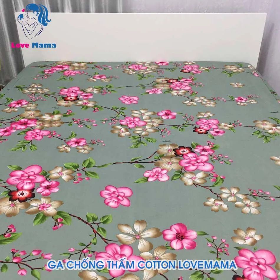 Ga trải giường chống thấm cotton chất lượng cao với mẫu hình hoa đào và nền xám