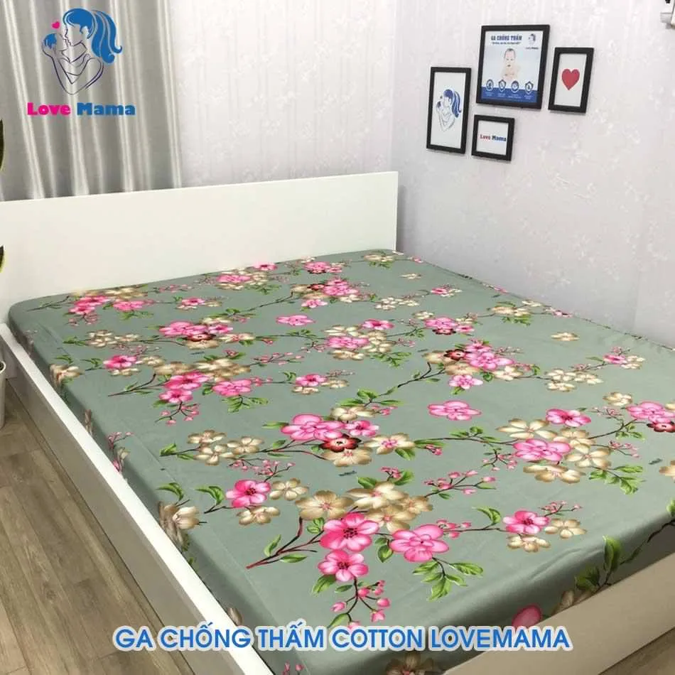 Ga chống thấm cotton nền xám họa tiết hình hoa đào