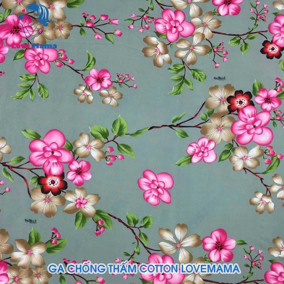 Hình ảnh ga nệm chống thấm vải cotton với họa tiết hoa đào trên nền màu xám
