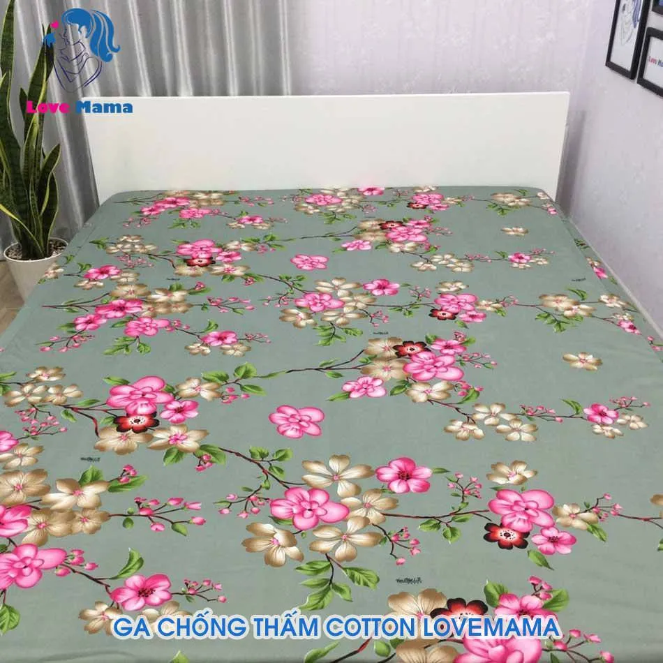 Ga cotton chống thấm cho nệm với thiết kế hình hoa đào trang nhã trên nền xám