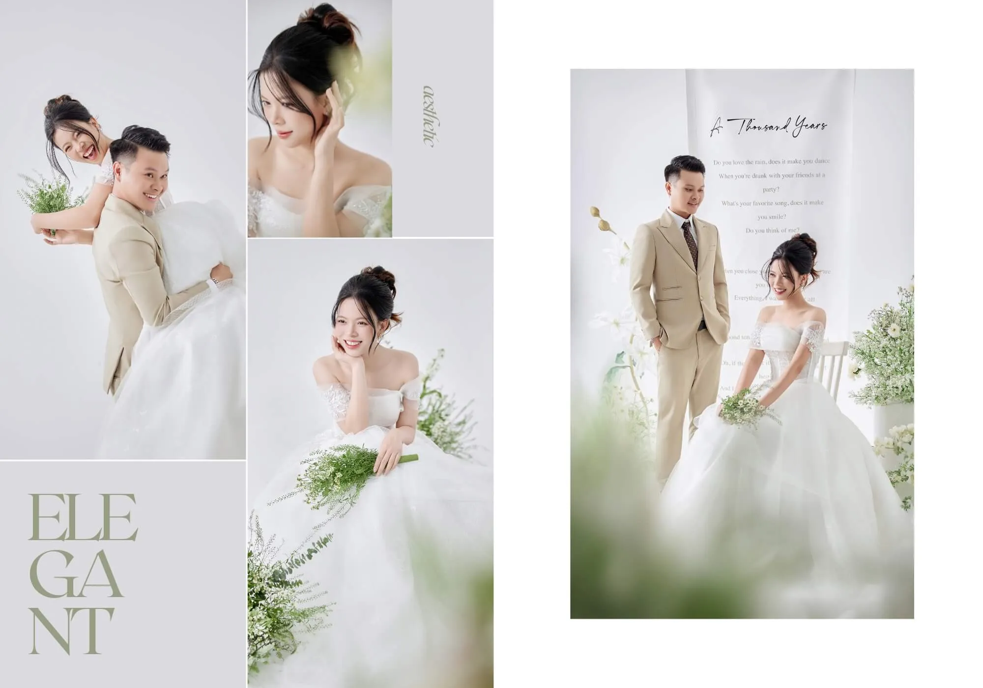 Chụp cận cảnh cặp đôi trên phông ảnh cưới studio trắng điểm xuyết hoa
