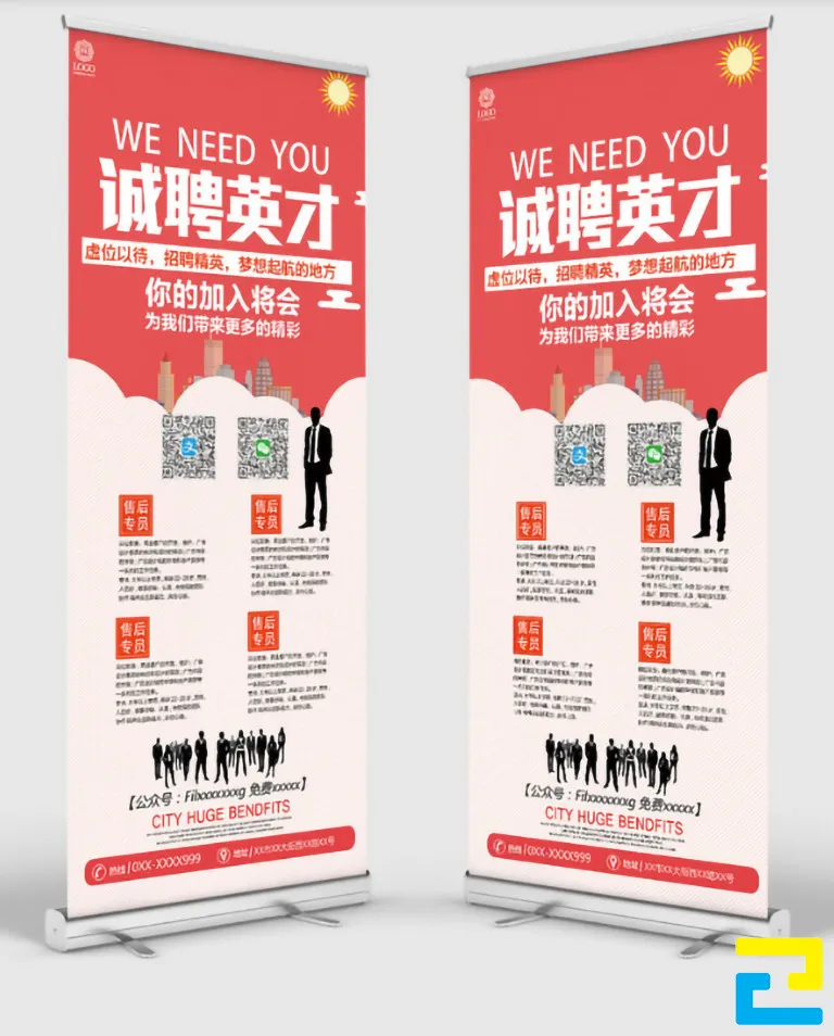 Mẫu 19: Standee được thiết kế với tông màu đỏ, hồng nhạt, mô tả công việc được thể hiện rõ ràng, chi tiết