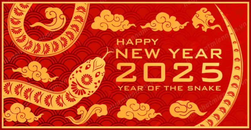 Thiệp chúc mừng năm mới 2025 với hoa mai vàng