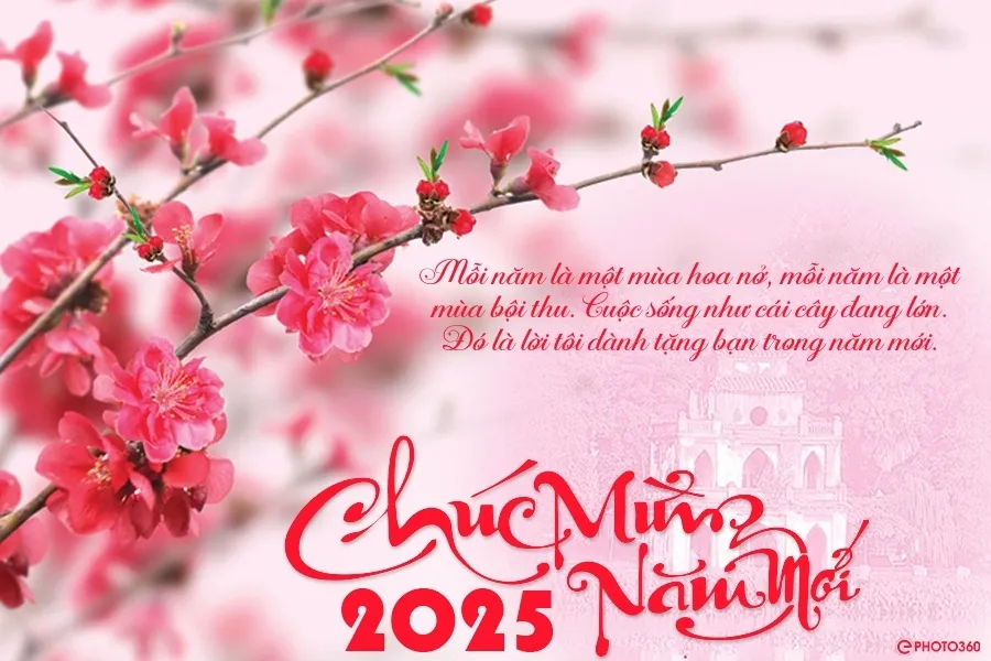 Thiệp chúc mừng năm mới 2025 với hình ảnh bánh chưng, dưa hấu