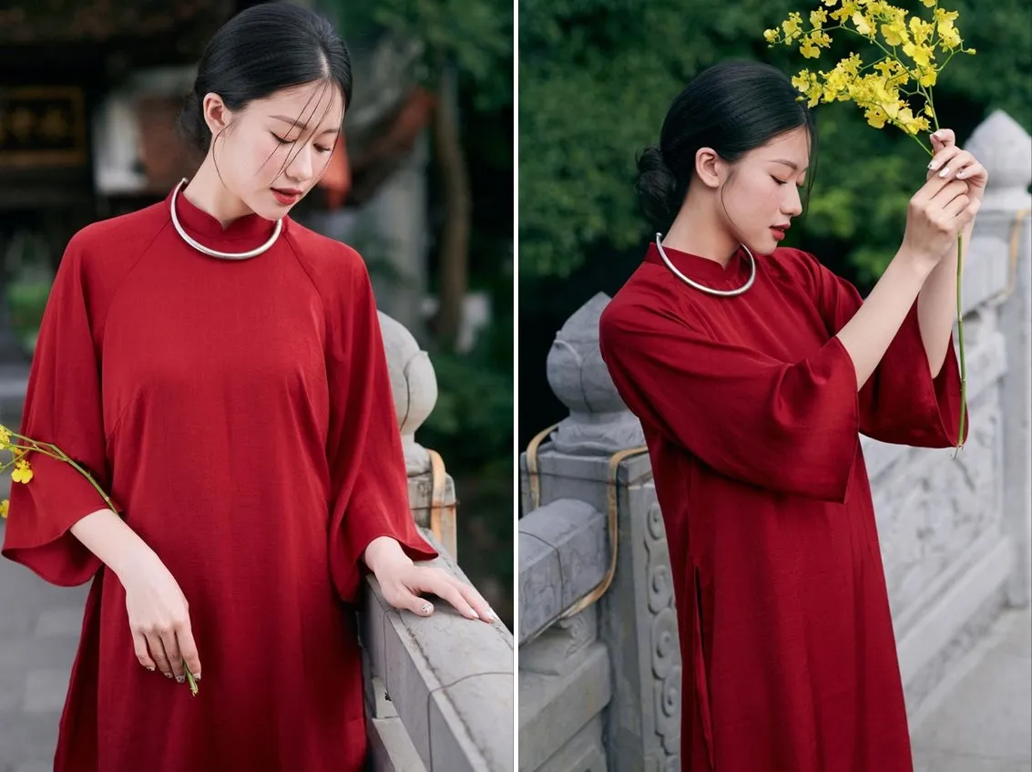 tạo dáng cúi đầu áo dài