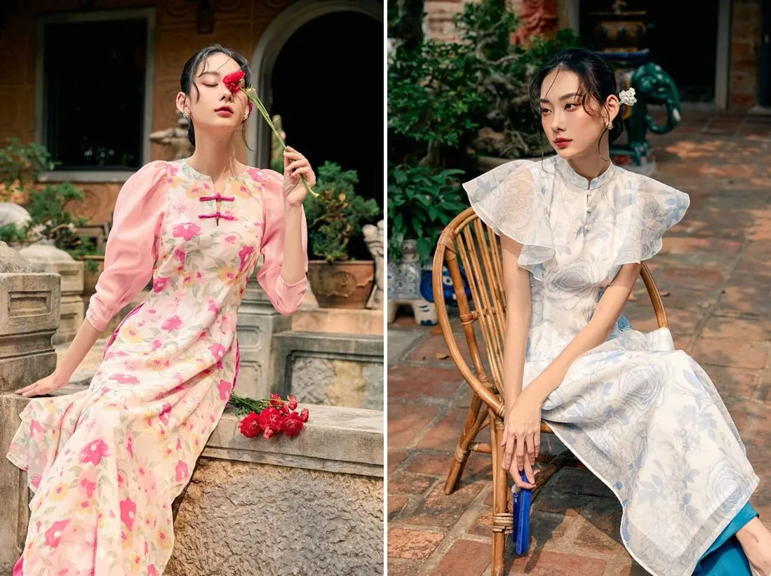 tạo dáng ngồi áo dài