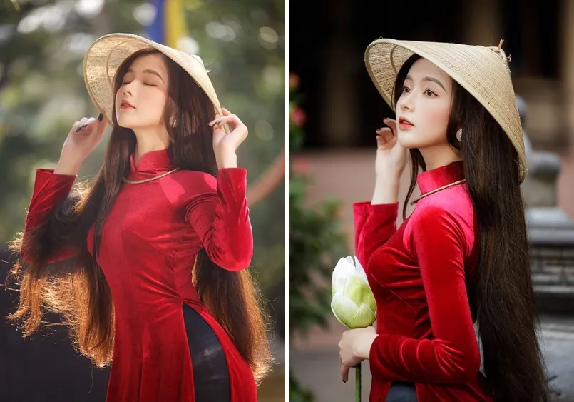 tạo dáng áo dài với nón lá