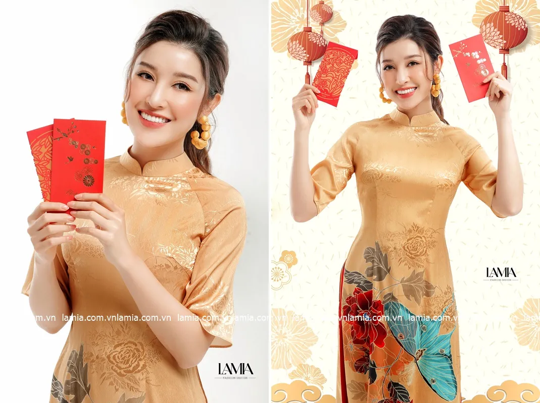 tạo dáng áo dài với bao lì xì