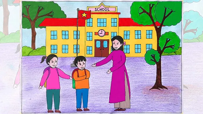 Vẽ tranh đơn giản đẹp chủ đề thầy cô dắt tay học sinh đi học