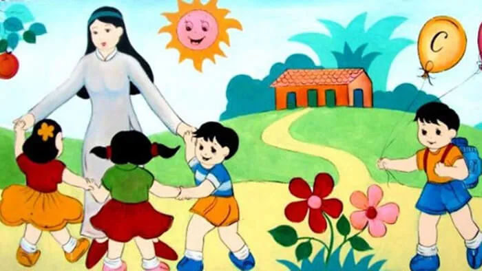 Mẫu tranh vẽ 20-11 về cảnh cô trò cùng nhau đến trường