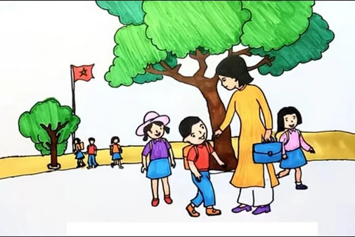 Mẫu tranh vẽ đơn giản hình ảnh cô dắt trò đi học