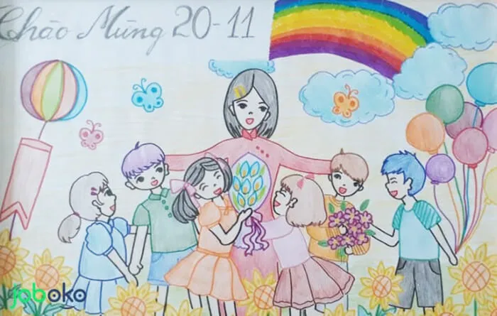 Mẫu tranh vẽ chào mừng ngày 20-11 với hình ảnh cô trò thân thiết
