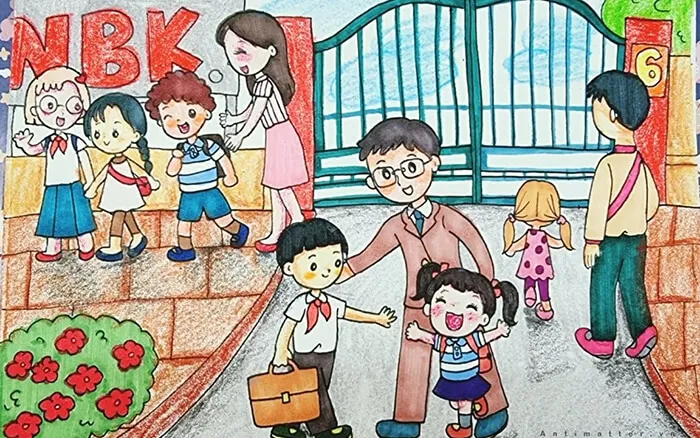 Mẫu tranh vẽ 20-11 đơn giản tặng thầy cô chủ đề dắt tay đến trường