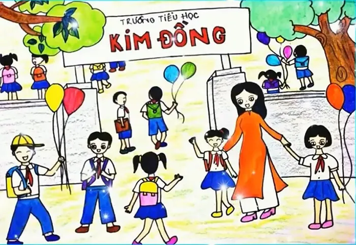Tranh vẽ chào đón Ngày Nhà giáo Việt Nam với hình ảnh cô trò đi bên nhau