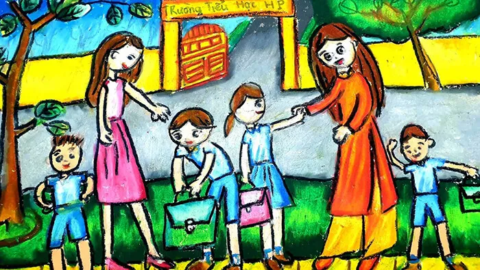 Sự dìu dắt, ân cần của thầy cô là kỷ niệm không quên, thể hiện qua tranh