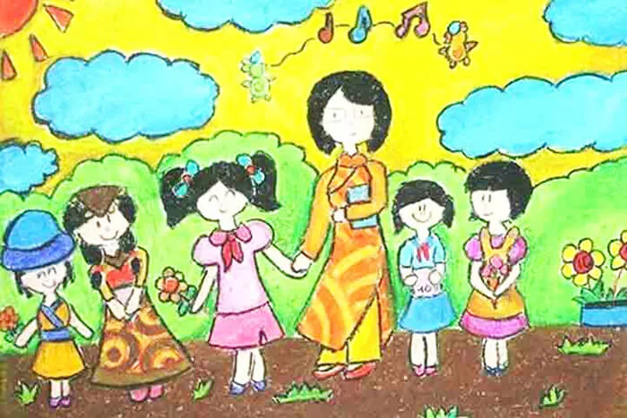 Một bức tranh tặng cô rất ý nghĩa với chủ đề thầy cô dắt tay học trò