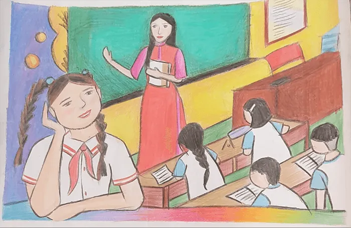 Tranh vẽ về cô giáo em trên bục giảng gợi bao hoài niệm đáng nhớ