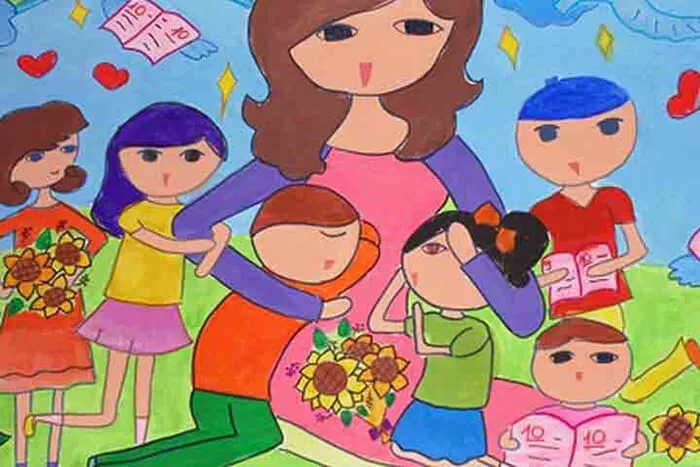 Hình ảnh cô giáo hiền hậu như người mẹ thứ hai qua tranh vẽ