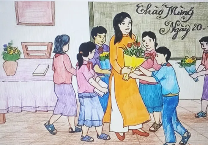 Bức tranh ý nghĩa thể hiện tình cảm cô trò gắn bó
