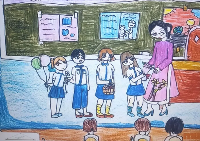 Bức tranh vẽ cô giáo và nhóm học trò vui vẻ