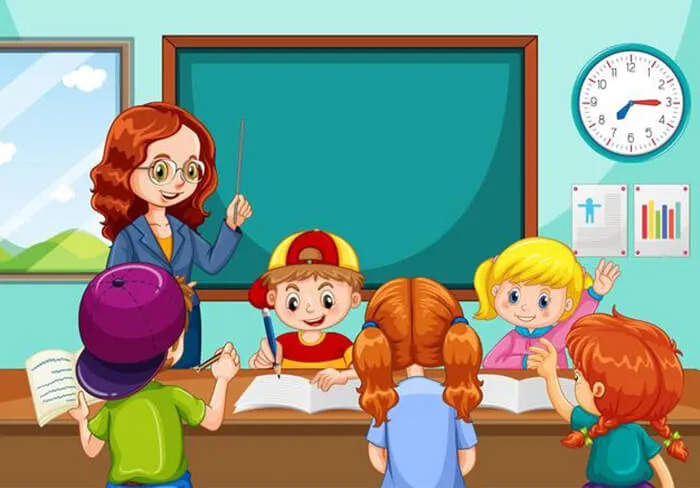 Tranh vẽ đơn giản về cô và trò trong giờ học vui vẻ