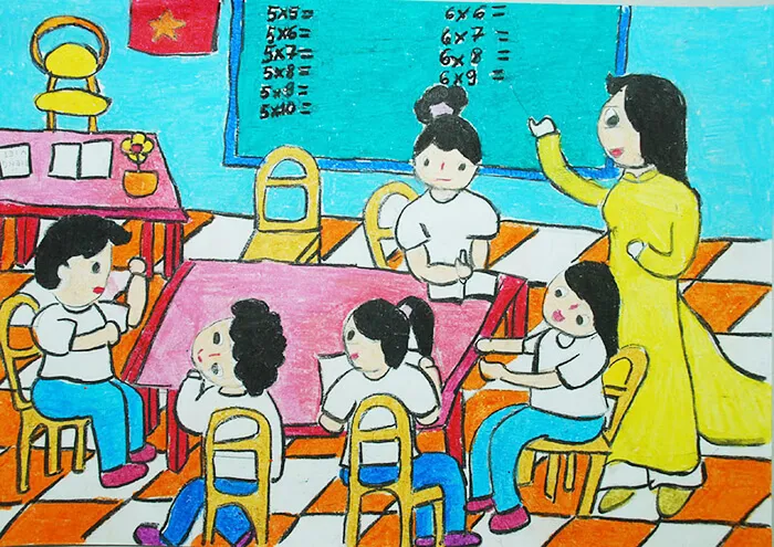Một ý tưởng vẽ tranh 20/11 đơn giản với chủ đề thầy cô đang giảng bài