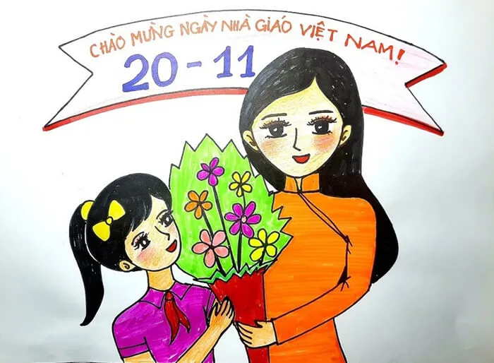 Vẽ tranh đơn giản 20/11 tặng cô giáo với bó hoa