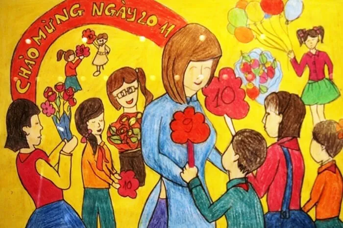 Mẫu vẽ tranh 20-11 đơn giản nhất tặng cô bằng hoa và điểm 10