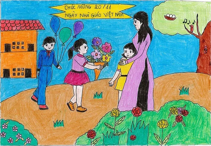 Tranh vẽ chủ đề thầy cô tặng hoa tri ân dễ làm