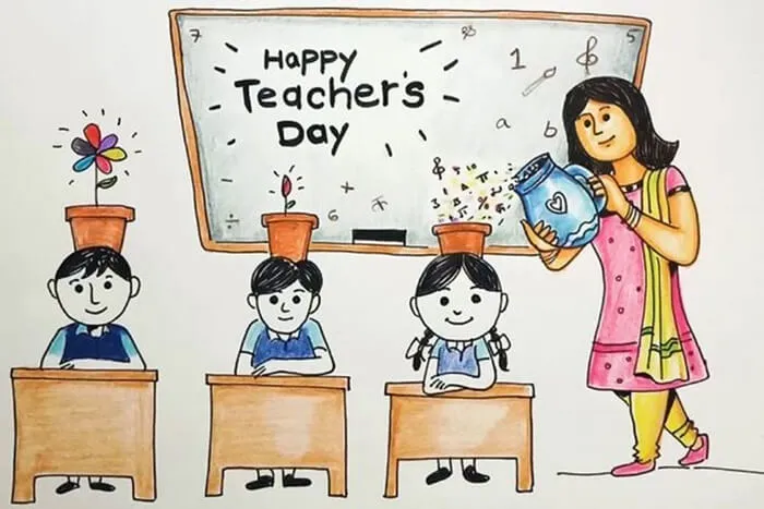Hình ảnh người lái đò thầm lặng được tái hiện trong tranh vẽ bục giảng