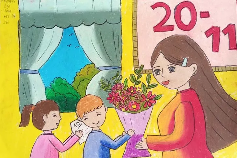 Mẫu tranh vẽ 20/11: Cảnh trường học và học sinh