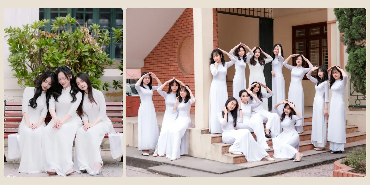 Nhóm học sinh/sinh viên mặc áo dài trắng, chụp ảnh kỷ yếu, tạo dáng vui tươi, có người tung mũ cử nhân, có người khoác vai nhau.