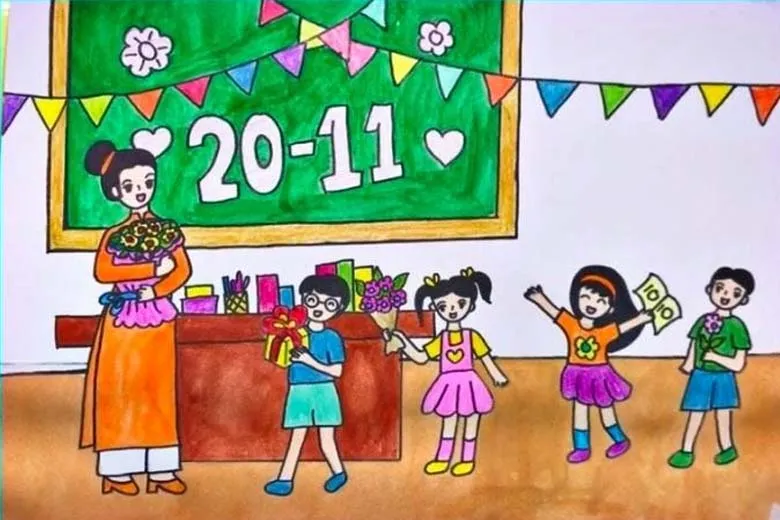 Mẫu tranh vẽ 20/11: Bó hoa và lời chúc