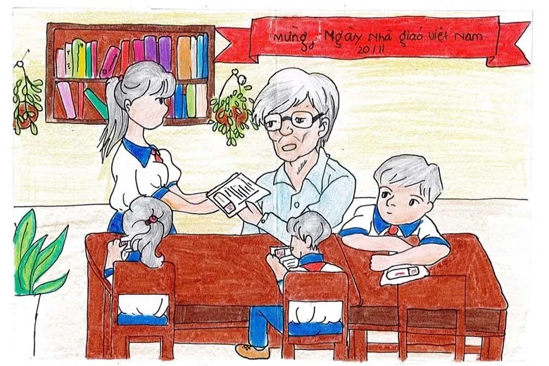 Mẫu tranh vẽ 20/11: Bó hoa lớn tặng thầy cô