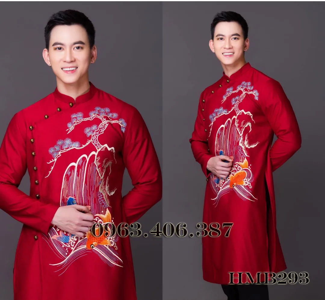 Áo dài nam cách tân màu đỏ đô họa tiết phong cảnh