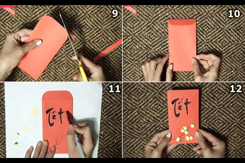 Dùng hồ dán cố định các nếp gấp và đáy bao lì xì