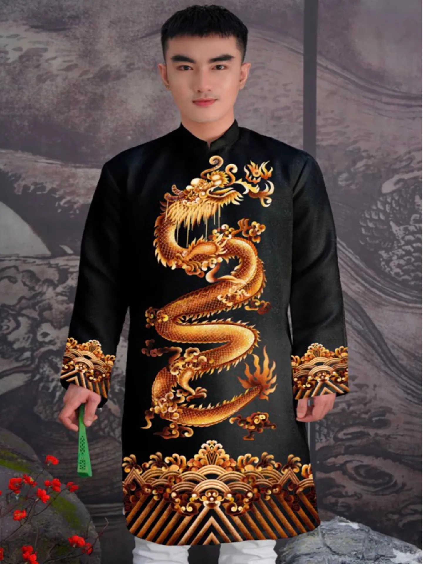Cận cảnh chất liệu gấm áo dài nam đen